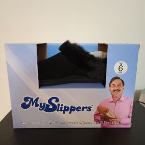 My Pillow Slippers Womens Size 6 Genuine Leather Memory Foam Faux Fur Black NIB